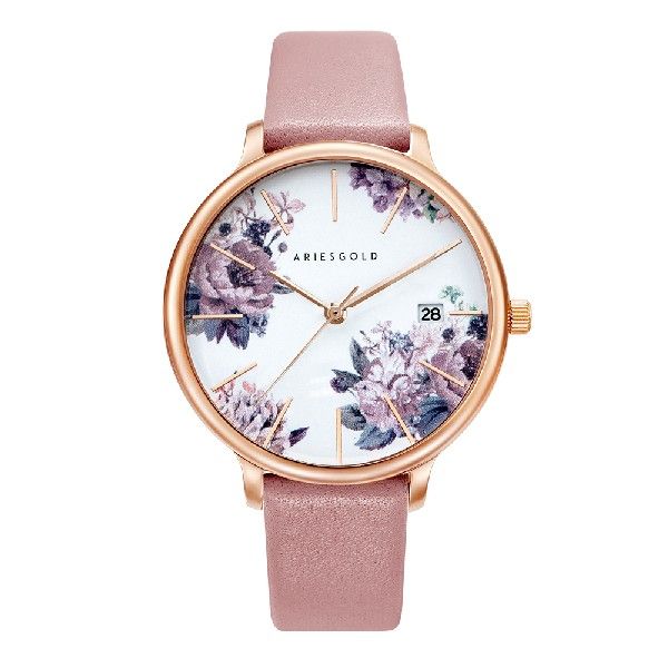 ARIES GOLD ENCHANT FLEUR ROSE GOLD STAINLESS STEEL L 5035A RG-PUFL PINK LEATHER STRAP WOMEN'S WATCH